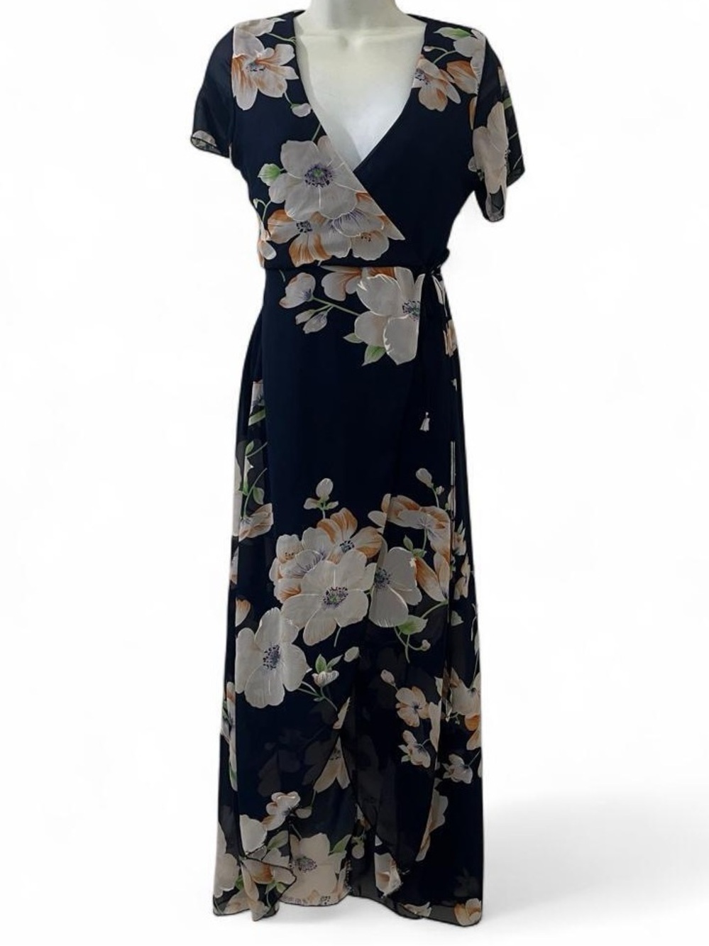 Navy Floral Wrap Maxi Dress with Tie Waist and Short Sleeves